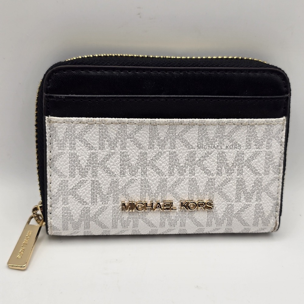 Michael Kors Jet Set Travel Logo Zip Around Card Holder Wallet White Black MK